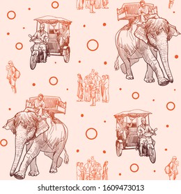 Asian means of transport. Elephants, tuk-tuk and pedestrians, Linear sketch seamless pattern. Vintage design. EPS10 vector