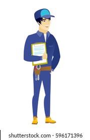 Asian mechanic holding clipboard with papers. Full length of mechanic with papers. Young smiling mechanic holding papers. Vector flat design illustration isolated on white background.