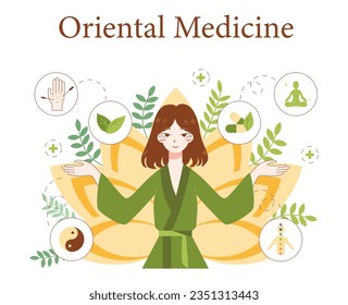 Medicina asiática. Atención sanitaria y tratamiento tradicionales alternativos. Especialistas en clínicas orientales que ofrecen terapia corporal y mental. Ilustración vectorial plana