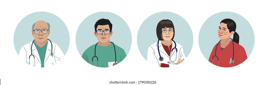 Asian Medics. Chinese Medical Characters. Doctors and nurses round portraits, team of doctors concept, medical office or laboratory. Modern flat vector concept digital people vector illustration.