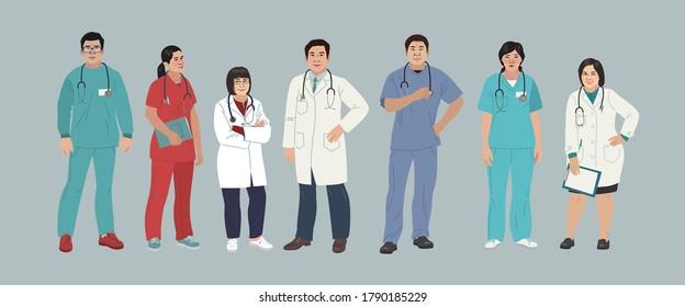 Asian Medics. Chinese Medical Characters. Doctors and nurses round portraits, team of doctors concept, medical office or laboratory. Modern flat vector concept digital people vector illustration.