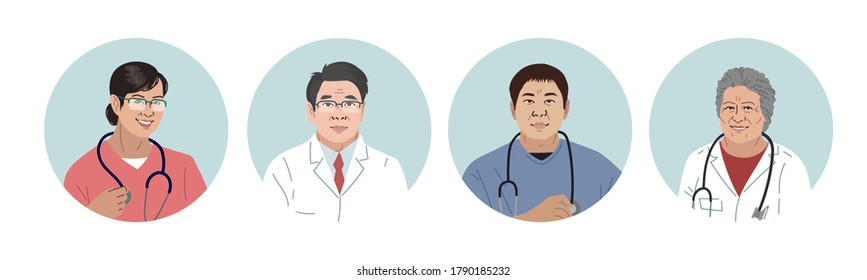 Asian Medics. Chinese Medical Characters. Doctors and nurses round portraits, team of doctors concept, medical office or laboratory. Modern flat vector concept digital people vector illustration.