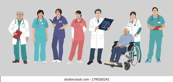 Asian Medics. Chinese Medical Characters. Doctors and nurses round portraits, team of doctors concept, medical office or laboratory. Modern flat vector concept digital people vector illustration.