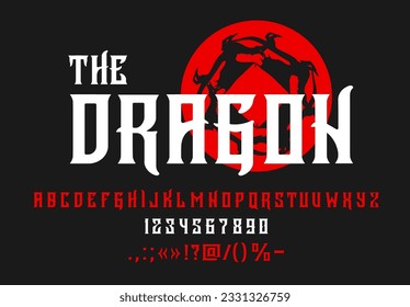 Asian medieval font, japanese or chinese type, fantasy typeface. Oriental alphabet, vector typography red white uppercase letters, numbers and punctuation marks. Ancient mystery dragon monster abc