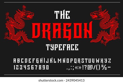 Asian medieval font, Japanese or Chinese type, fantasy typeface, oriental alphabet. Vector ancient style abc characters. mystery dragon typography, red and white uppercase letters, numbers and signs