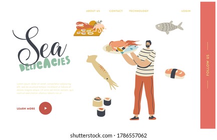 Asian or Mediterranean Cuisine Landing Page Template. Character Carry Tray with Seafood Presenting Crab, Fish and Prawns Sea Products in Process of Preparing Activity. Linear Vector Illustration