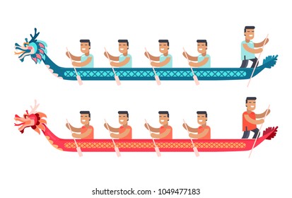 Asian men in long boats in shape of dragon set. Vessels prepared to dragon boat festival and people with wooden paddles isolated vector illustrations.