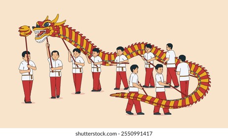 Asian men performing traditional dragon dance. People characters for Chinese new year parade, isolated on beige background. Flat Characters Cartoon Vector Illustration.
