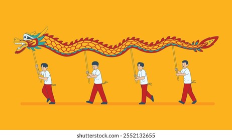 Asian men performing traditional dragon dance. People characters for Chinese new year parade. Flat Characters Cartoon Vector Illustration.