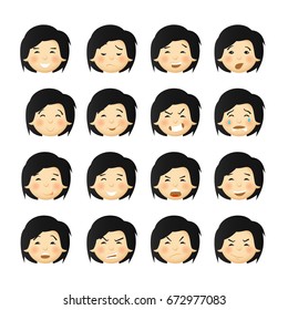 Asian men with rosy cheeks. Vector avatars and emoticons set.