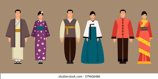 Asian men and women in national costume of Japan, Korea and China