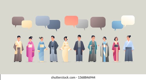 asian men women wearing traditional clothes chat bubble communication concept people in national ancient costumes chinese or japanese cartoon characters full length flat horizontal