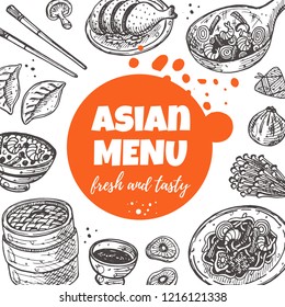 Asian menu concept design. Sweet and sour. Chinese oriental food. Hand drawn vector illustration. Can be used for cafe, market, shop, barbeque, bar, restaurant, poster, label, sticker, logo.