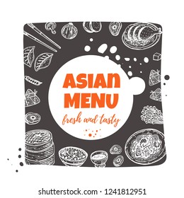Asian menu concept design. Sweet and sour. Chinese oriental food. Hand drawn vector illustration. Can be used for cafe, market, shop, barbeque, bar, restaurant, poster, label, sticker, logo.