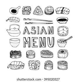 Asian menu. Asian kitchen. Asian food menu for restaurant, cafe. Asian food menu on chalkboard. Vector illustration