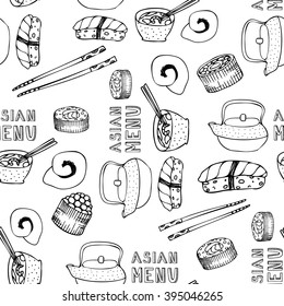 Asian menu. Sushi restaurant. Asian restaurant menu. A wrapper for the food. Seamless background for wrapper, fabric, invitations.