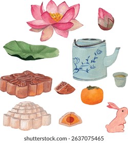 Asian Mid autumn festival elements. Vietnamese, Chinese, Korean culture watercolor paintings. Moon cakes, tea pot and cup, lotus flower, cute rabbit watercolor illustrations. Traditional festival. 