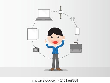 Asian millennial generation stands with modern working gadget such as laptop smartwatch moblie phone earphone tablet stylus digital camera and bag around him