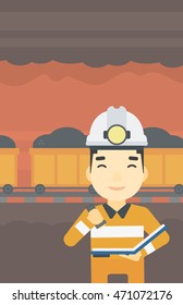 An asian miner  checking documents with the flashlight. Mine worker in hard hat on the background of mining tunnel with cart full of coal. Vector flat design illustration. Vertical layout.