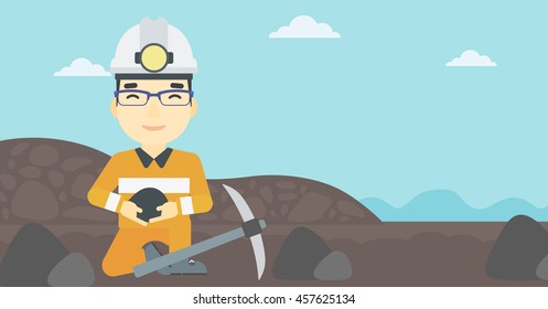 An asian miner  in hard hat sitting with coal in hands and a pickaxe on the background of coal mine. Vector flat design illustration. Horizontal layout.