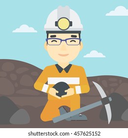 An asian miner  in hard hat sitting with coal in hands and a pickaxe on the background of coal mine. Vector flat design illustration. Square layout.