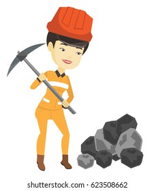 Asian Miner In Hard Hat Working With A Pickaxe. Female Miner In Helmet And Workwear Working At The Coal Mine. Young Female Miner At Work. Vector Flat Design Illustration Isolated On White Background.