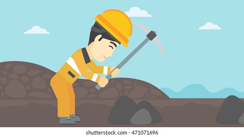 An asian miner  working with a pickaxe. Mine worker in hard hat. Miner at the coal mine. Vector flat design illustration. Horizontal layout.