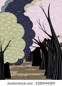 Asian mixed poster with forest landscape, park, sakura trees, bushes and old trees, for wallpaper, fabric, banners