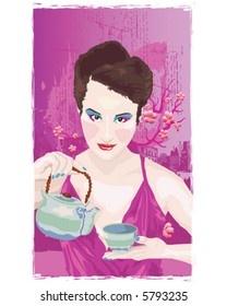 Asian Model Pouring Tea Pink