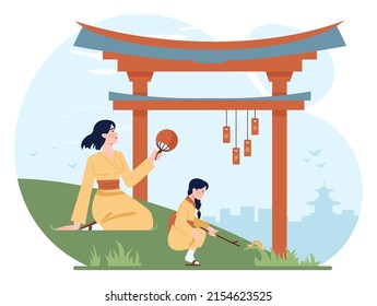 Asian mom and daughter together. Family in traditional clothing gathering near the temple. Japanese people with children having fun outside. Flat vector illustration