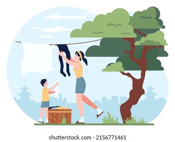 Asian Mom And Kid Together. Family Gathering Outside, Spending Time Outdoors Doing Laundry, Drying Wet Clothes. Japanese People With Children Having Fun. Flat Vector Illustration