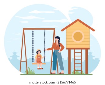 Asian mom and kid together. Family gathering outside, spending time outdoors on a playground. Japanese people with children having fun. Flat vector illustration