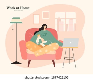 Asian mom with pajamas holding cute baby and using laptop on sofa. Flat illustration. Work from home, mother entrepreneur or freelancer concept.