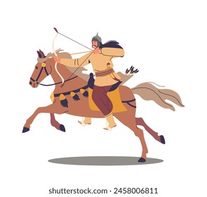 Asian Mongol Lone Archer Riding On Horseback Drawing His Bow, Poised To Release An Arrow, Vector Illustration