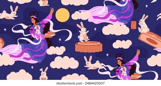 Asian Moon Goddess in seamless vector pattern with rabbit and moon pirag among the clouds. Ideal for textiles, wallpaper or packaging. Mid-Autumn Festival.