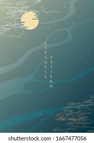 Asian moon light background vector. Japanese template with hand drawn wave and water elements in vintage style.