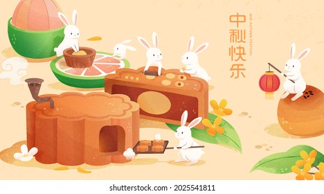 Asian mooncake bakery theme banner. Cute white rabbits making tasty moon cakes together to celebrate the holiday. Translation: Happy mid autumn festival.