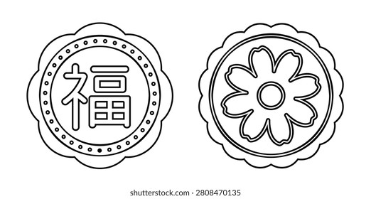 Asian mooncake outline coloring page set.
Chinese Style Mid-Autumn Festival Mooncake line art vector.
Traditional Chinese pastry line Art elements for kids activity book.
The Chinese character means 