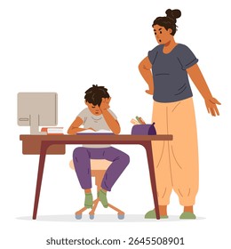 Mãe asiática discutindo com seu filho da escola primária fazendo dever de casa por causa de problemas em estudar ilustração vetorial plana isolada em branco.