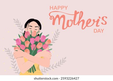 Asian mother with bouquet. Card of Happy Mothers Day. Vector illustration with beautiful woman and flowers.