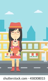 An asian mother carrying daughter in sling. Mother with baby in sling walking in the city street. Young mother carrying a newborn in sling. Vector flat design illustration. Vertical layout.