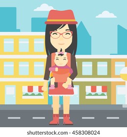 An asian mother carrying daughter in sling. Mother with baby in sling walking in the city street. Young mother carrying a newborn in sling. Vector flat design illustration. Square layout.