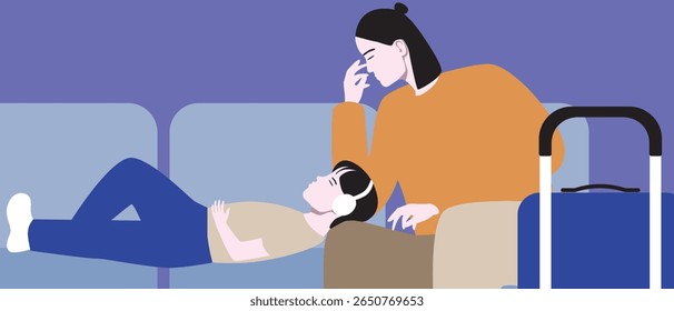 Asian mother with child as waiting at airport, flat vector stock illustration as concept of difficult moments of family travel such as moments of exhaustion or confusion for sstkTravel