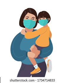 Asian Mother and daughter wear medical masks. Virus and disease prevention. Vector China or Japan Family illustration.