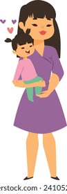 Asian mother holding her young daughter with love and affection. Both are smiling, showing a happy family moment. Mother and child bonding vector illustration.