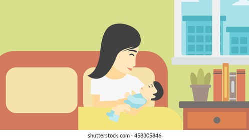 An asian mother holding newborn in maternity ward. Mother nursing baby. Mother and infant resting at hospital. Happy mother with newborn. Vector flat design illustration. Horizontal layout.