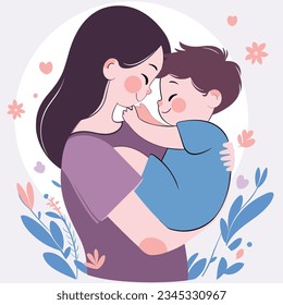 Asian mother hugging her son with flowers and leaves decoration. metaphor mother's day concept.