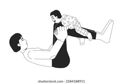 Asian mother playing with child black and white 2D line characters. Parenting. Korean mom lying on back, lifting toddler playfully isolated vector outline people. Monochromatic spot illustration