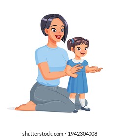 Asian mother sitting on the floor and helping her daughter to make first steps. Cartoon vector illustration isolated on white background.