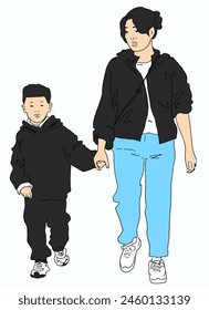 Asian mother and son in casual outfits walk together in this minimalist sketch-style vector illustration, perfect for family and urban life themes.